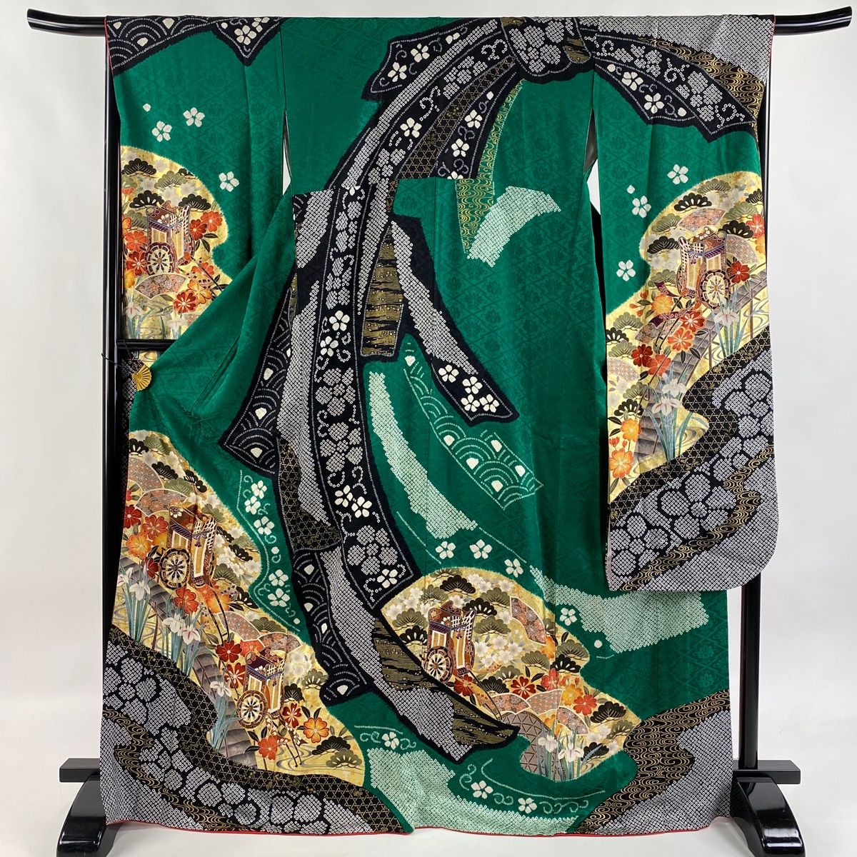 振袖 身丈170 cm 裄丈67 M 袷 御所車 束ね熨斗 金糸 金銀彩 緑 正絹