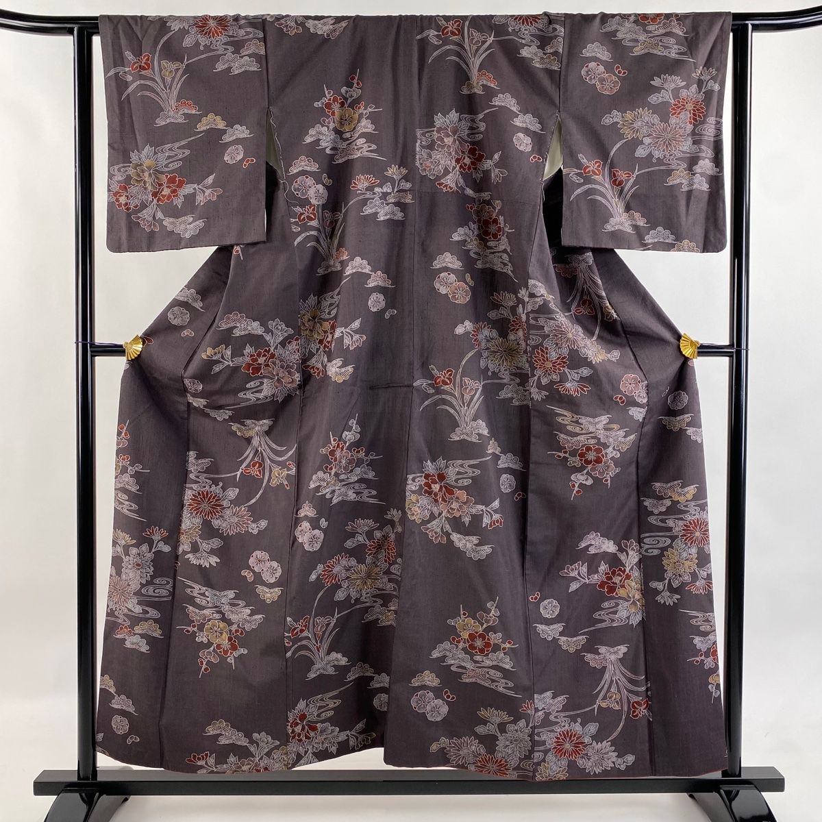 小紋 身丈156cm 裄丈63.5cm S 袷 紬地 菊 梅 灰紫 正絹