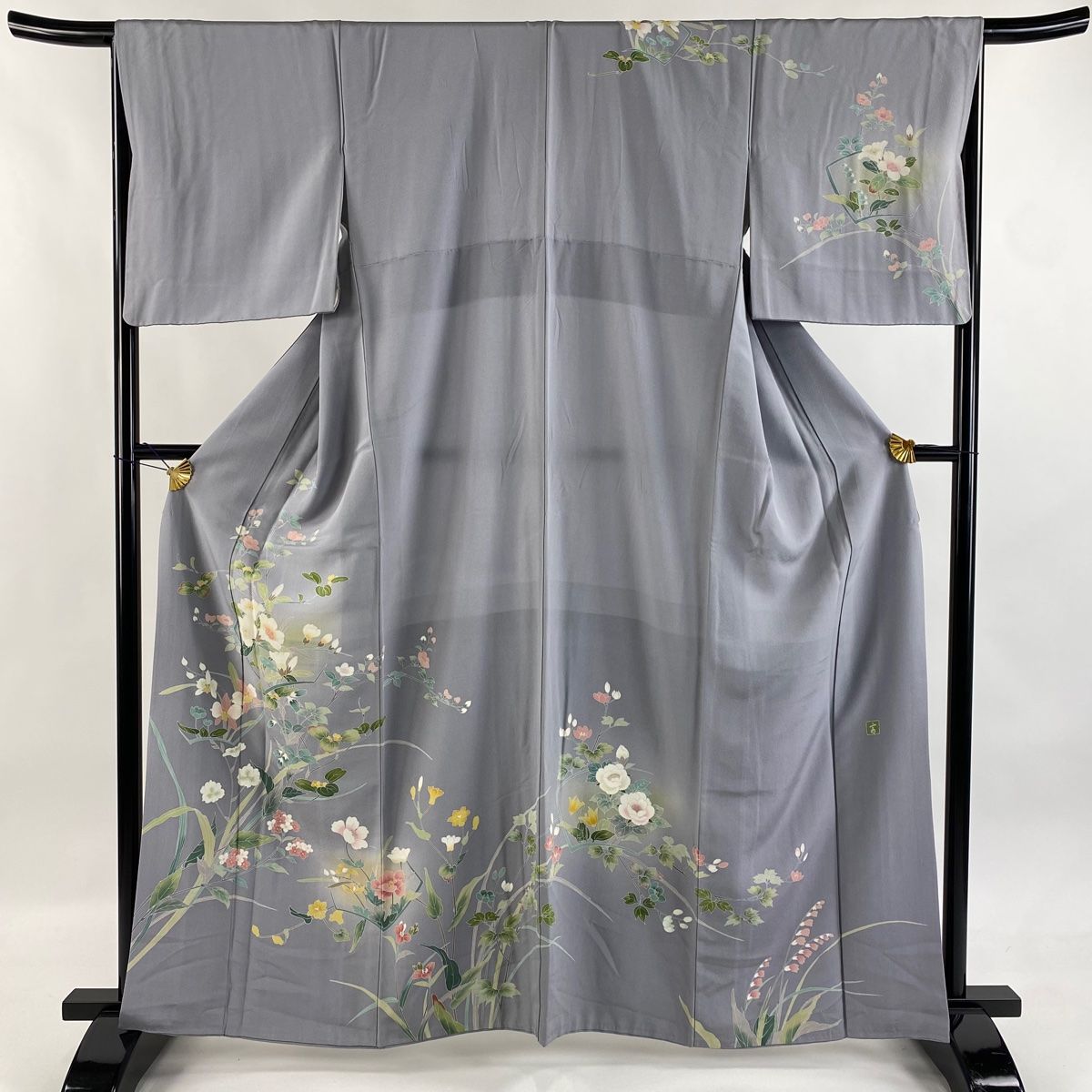 訪問着 身丈162.5cm 裄丈65.5cm M 袷 落款 草花 ぼかし 青灰色 正絹