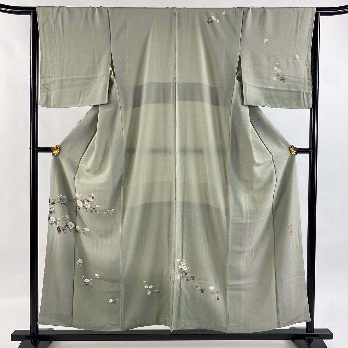 付下げ 身丈156cm 裄丈64cm M 袷 百貫達雄 落款 枝花 ぼかし 灰緑 正絹 一つ紋