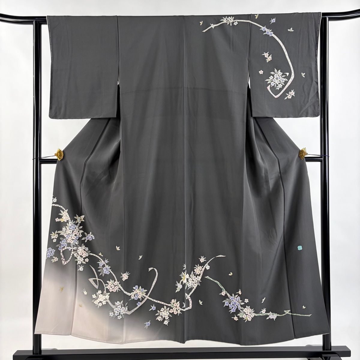 訪問着 身丈152cm 裄丈63cm S 袷 松島由美 やまと 落款 草花 蔓帯 ぼかし 灰色 正絹