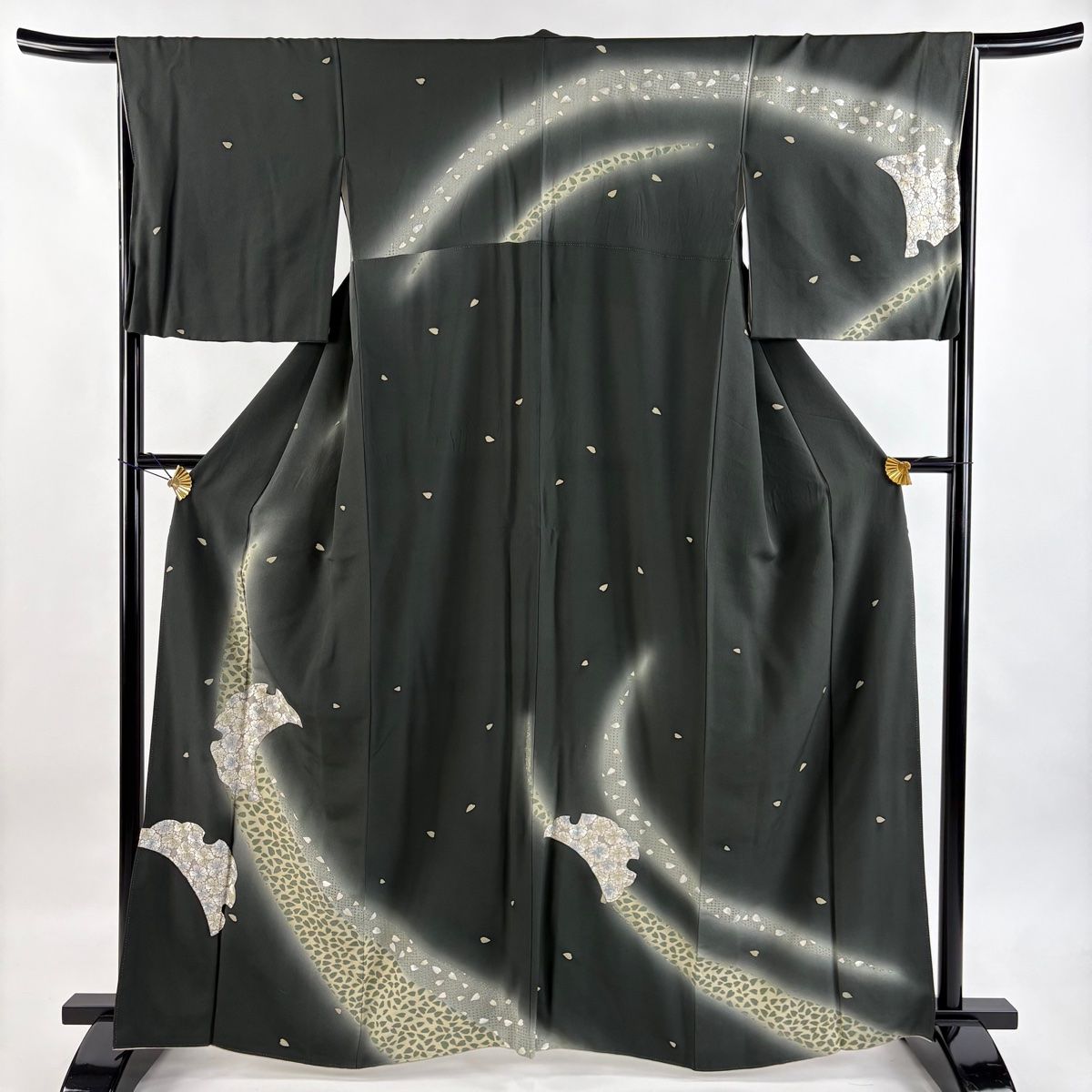 訪問着 身丈163cm 裄丈67cm M 袷 桜 雪芝 刺繍 金糸 深緑 正絹