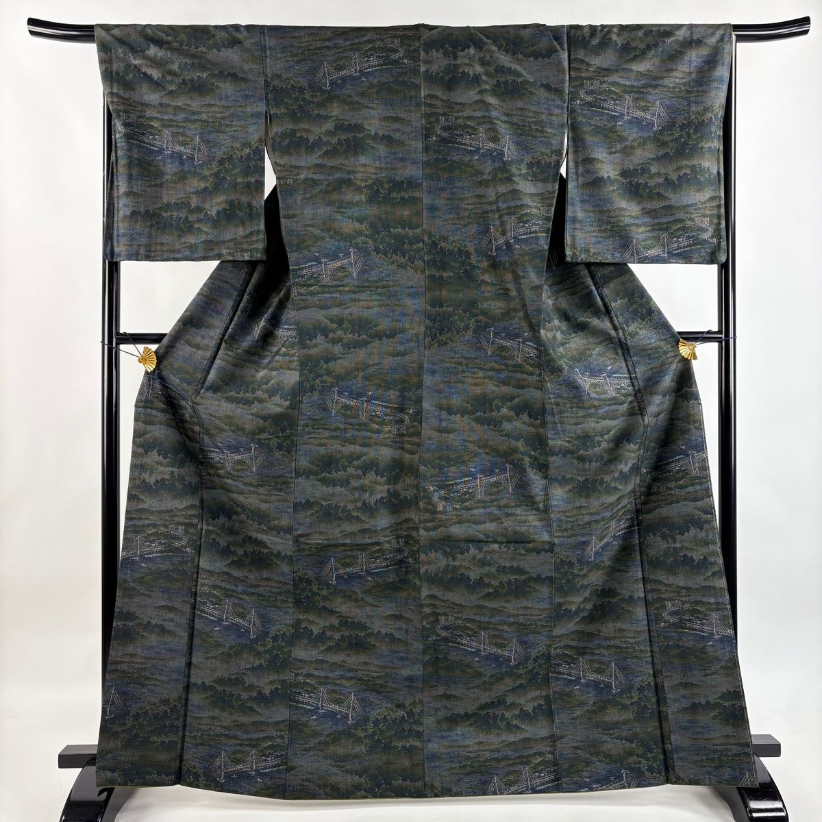 大島紬 身丈167cm 裄丈68cm L 袷 都喜ヱ門 証紙 瀬戸の景勝 深緑 正絹