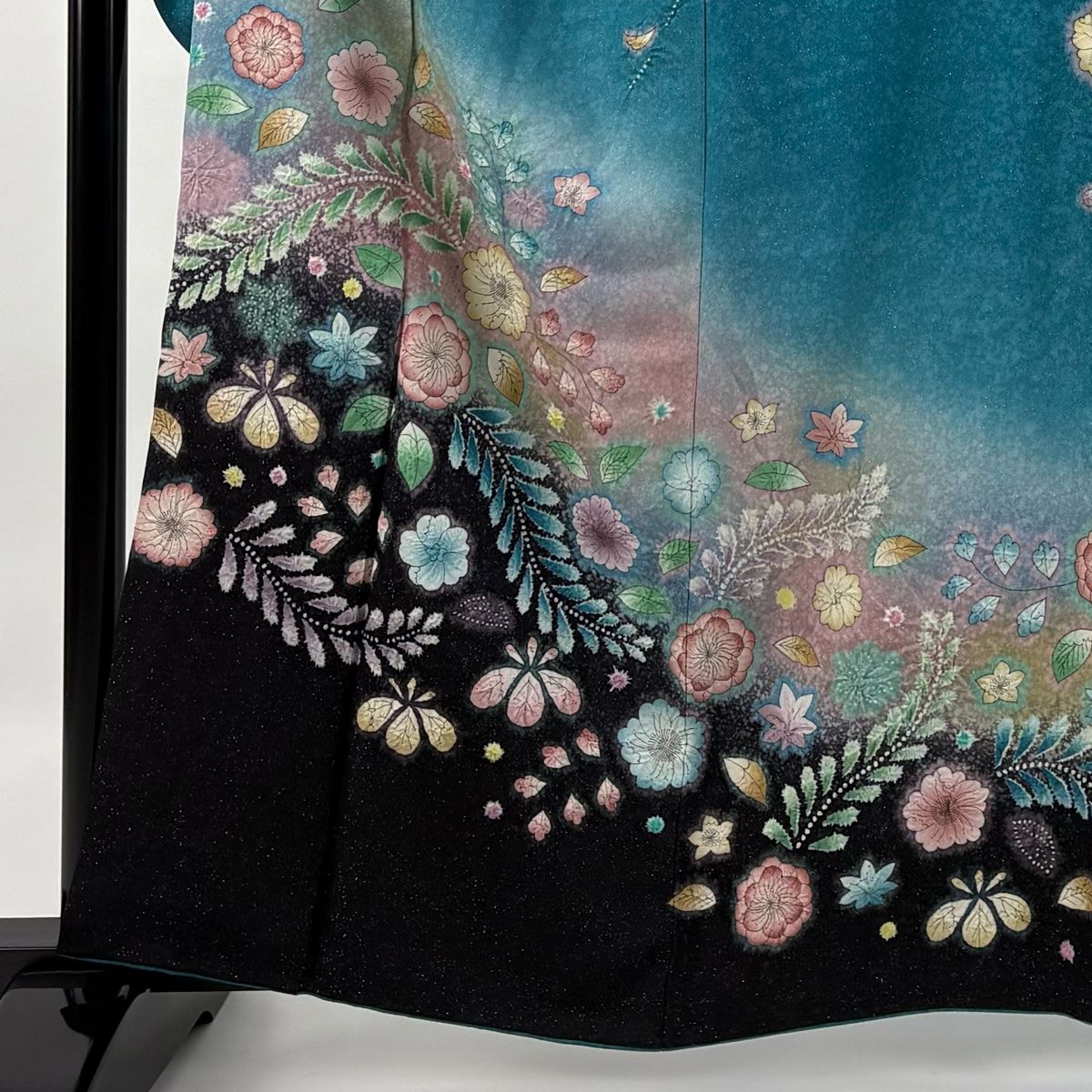 振袖 身丈161.5cm 裄丈65cm M 袷 辻が花 銀通し 染め分け 青緑 正絹