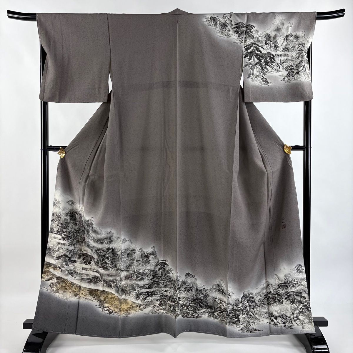 訪問着 身丈161.5cm 裄丈69cm L 袷 山岡古都 落款 日本風景瑠璃渓 金彩 灰茶 正絹