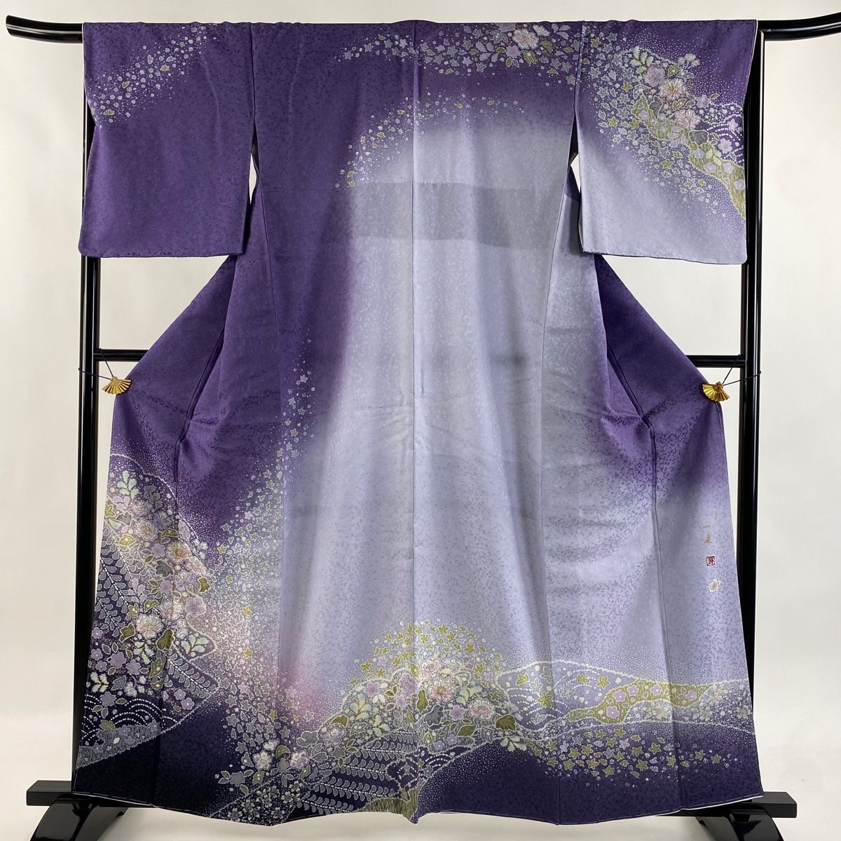 訪問着 身丈160cm 裄丈66cm M 袷 吉乃一廉 落款 辻が花 青海波 銀通し 金彩 紫 正絹