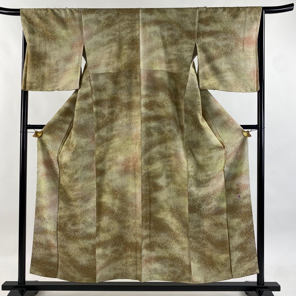 小紋 身丈155.5cm 裄丈67cm M 袷 吉乃一廉 落款 霞 幾何学模様 銀通し ぼかし 鶯色 正絹