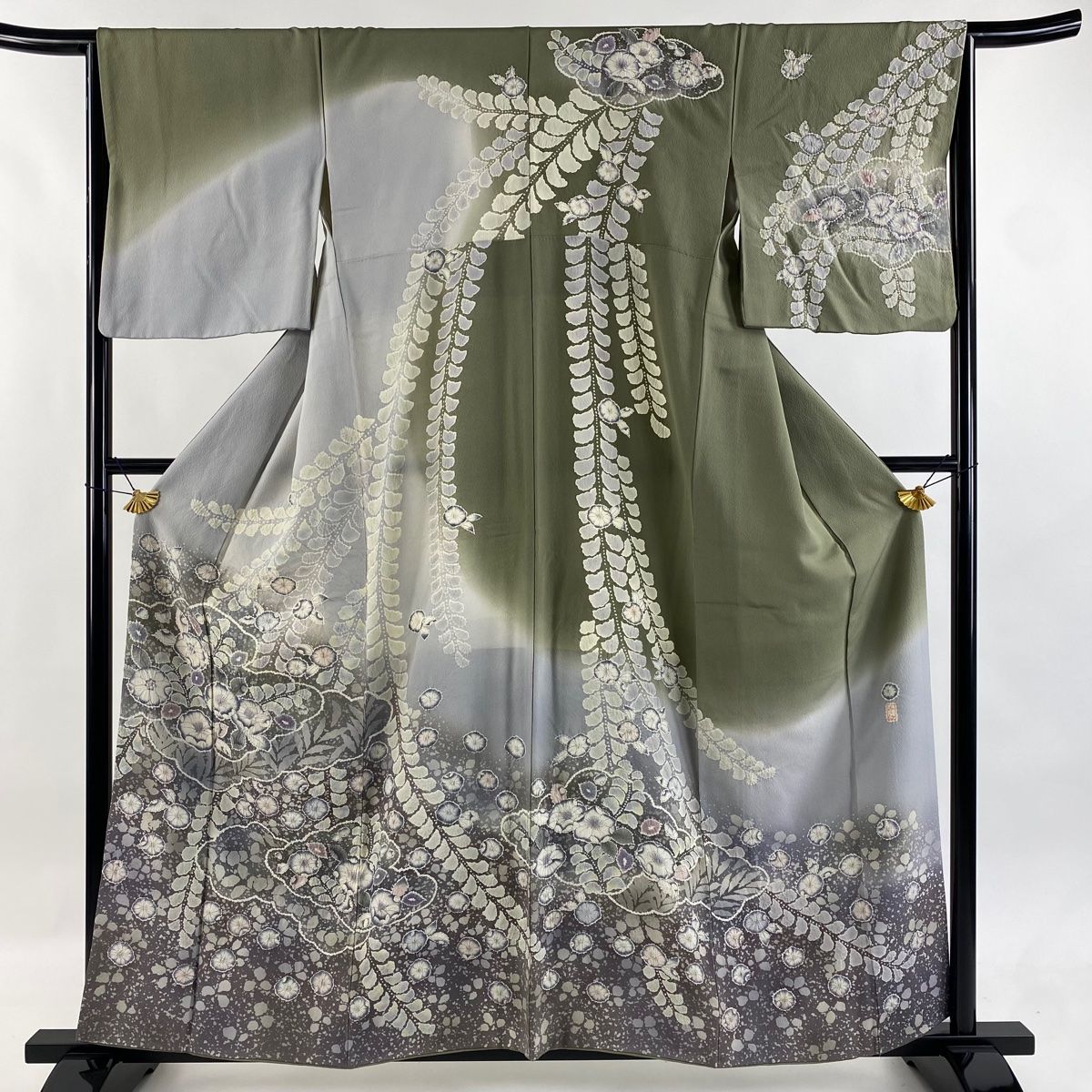 訪問着 身丈159 cm 裄丈64.5 M 袷 落款 辻が花 ぼかし 灰緑 正絹