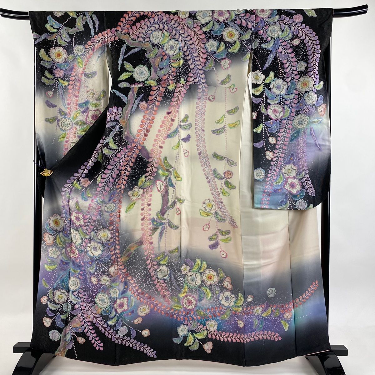 振袖 身丈163.5cm 裄丈68cm L 袷 辻が花柄 ぼかし 金通し 黒 正絹
