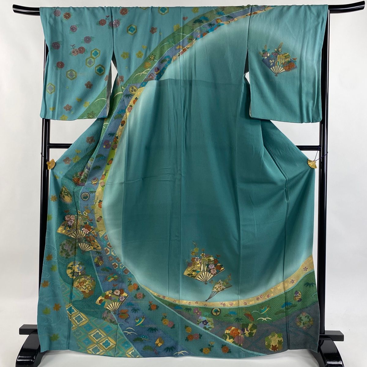 訪問着 身丈169cm 裄丈68.5cm L 袷 扇 御所車 刺繍 金彩 青緑 正絹