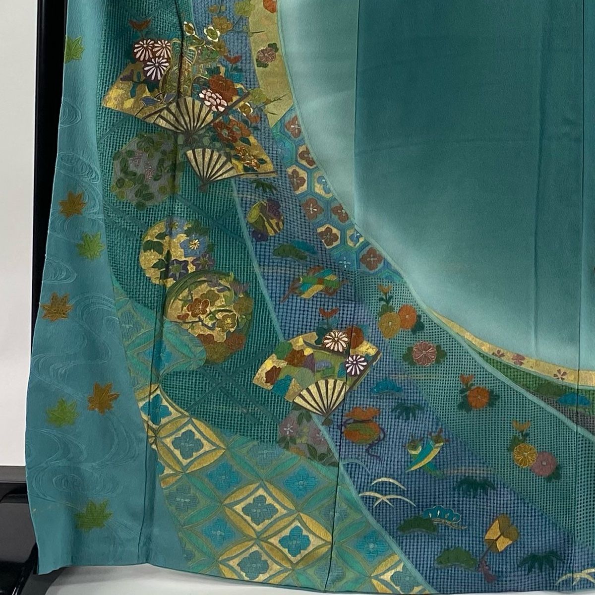 訪問着 身丈169cm 裄丈68.5cm L 袷 扇 御所車 刺繍 金彩 青緑 正絹