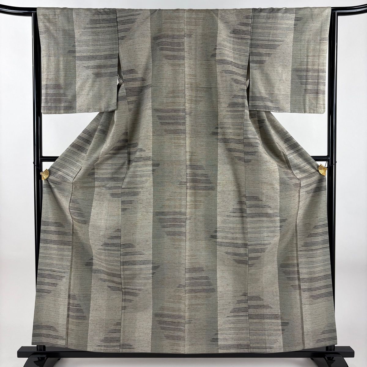 紬 身丈160cm 裄丈64.5cm M 袷 吉澤与市 ぜんまい真綿紬 証紙 横縞 灰緑 正絹