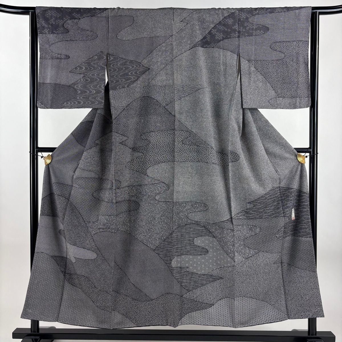 訪問着 身丈154.5cm 裄丈64cm M 袷 人間国宝 中村勇二郎 落款 山並み 江戸小紋柄 濃紫 正絹