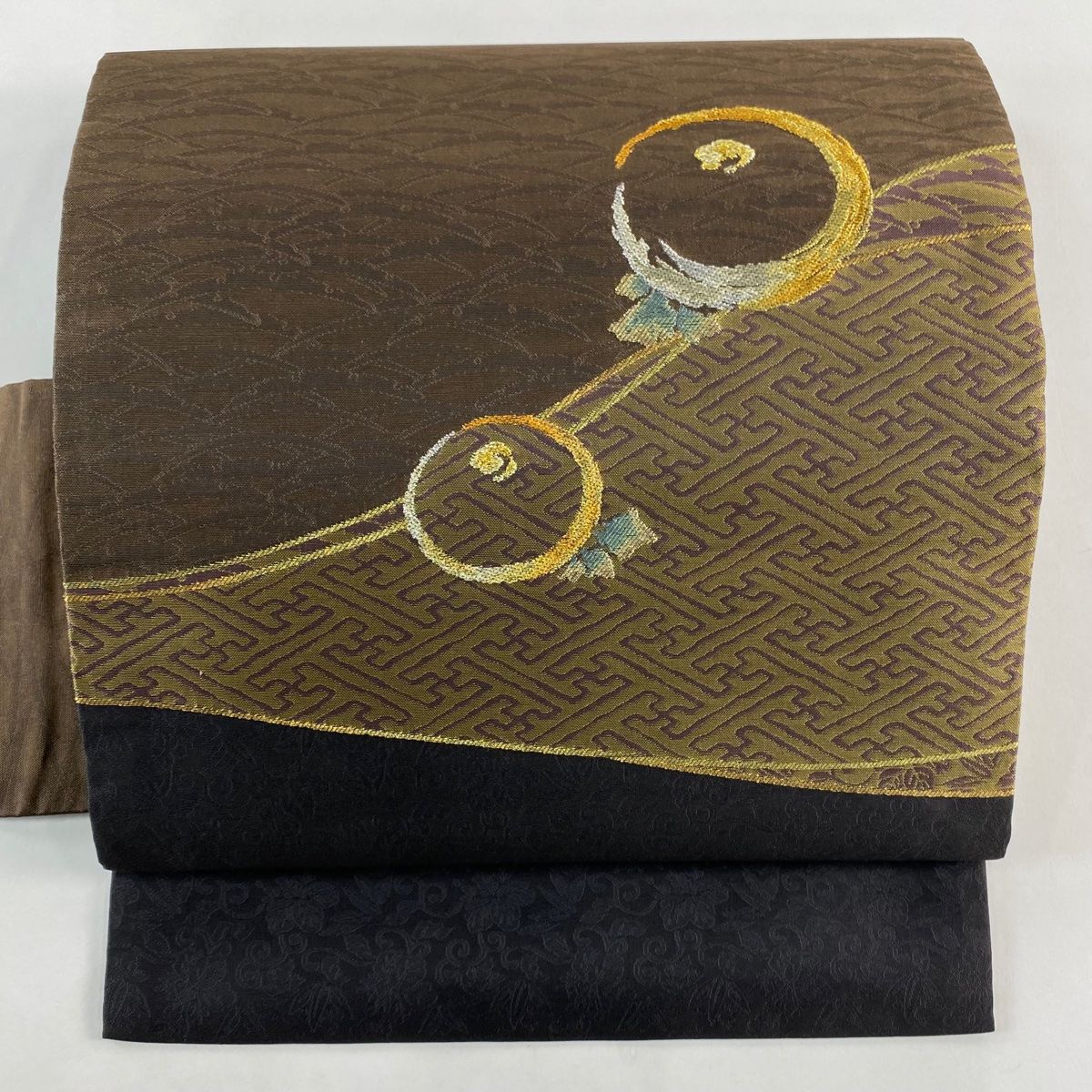 名古屋帯 秀品 万寿菊 紗綾形 金銀糸 箔 焦茶色 正絹