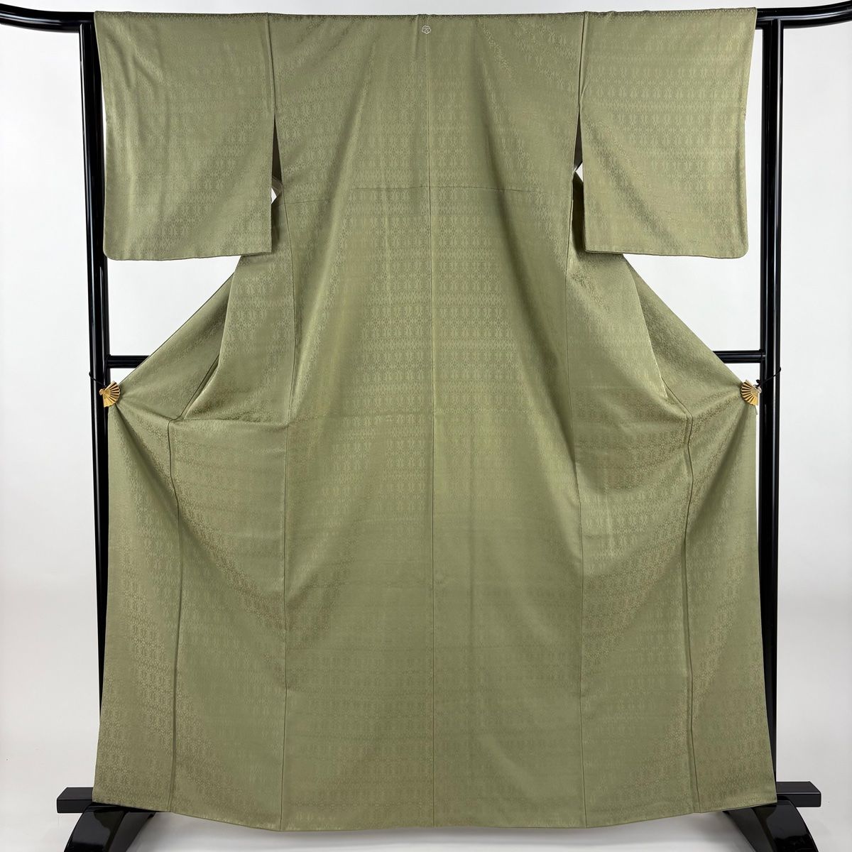 色無地 身丈164.5cm 裄丈62.5cm S 袷 地紋 灰緑 正絹 一つ紋