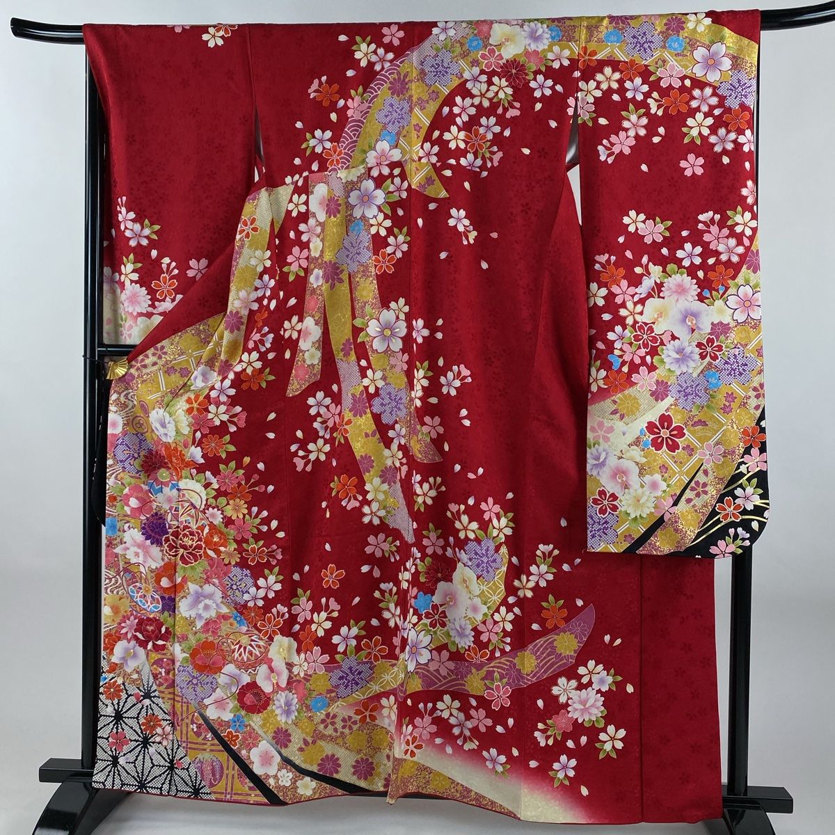 振袖 身丈161.5cm 裄丈67cm M 袷 草花 手鞠 金糸 金彩 赤 正絹