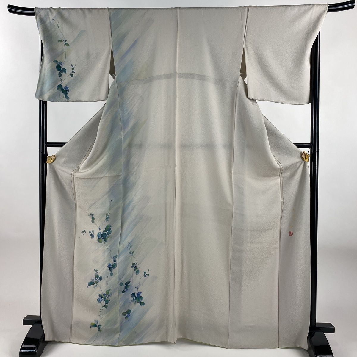 付下げ 身丈168.5cm 裄丈68.5cm L 袷 草野一騎 落款 葡萄 地紋 金銀彩 灰茶 正絹