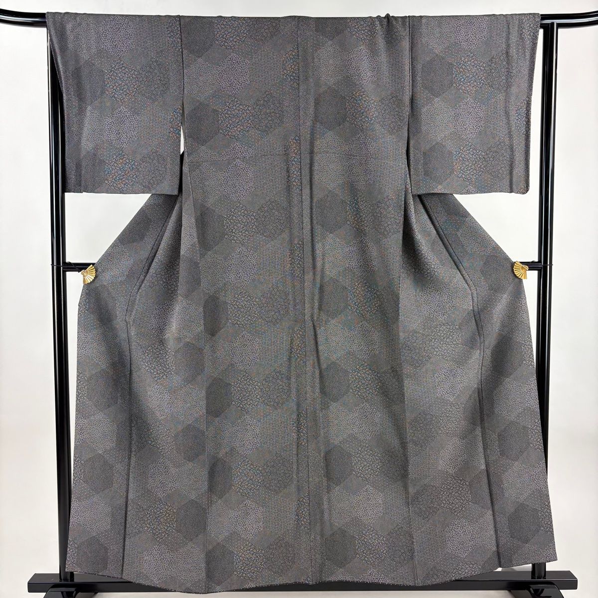 江戸小紋 身丈157cm 裄丈65cm M 袷 やまと 寄せ柄 麻の葉 黒灰 正絹
