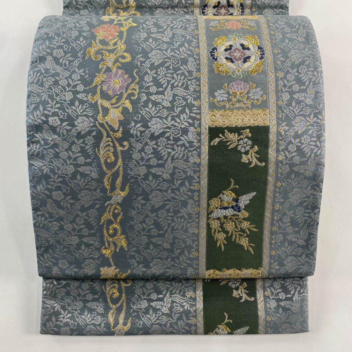 袋帯 秀品 草木染 花喰い鳥 草花 金銀糸 箔 水色 六通 正絹