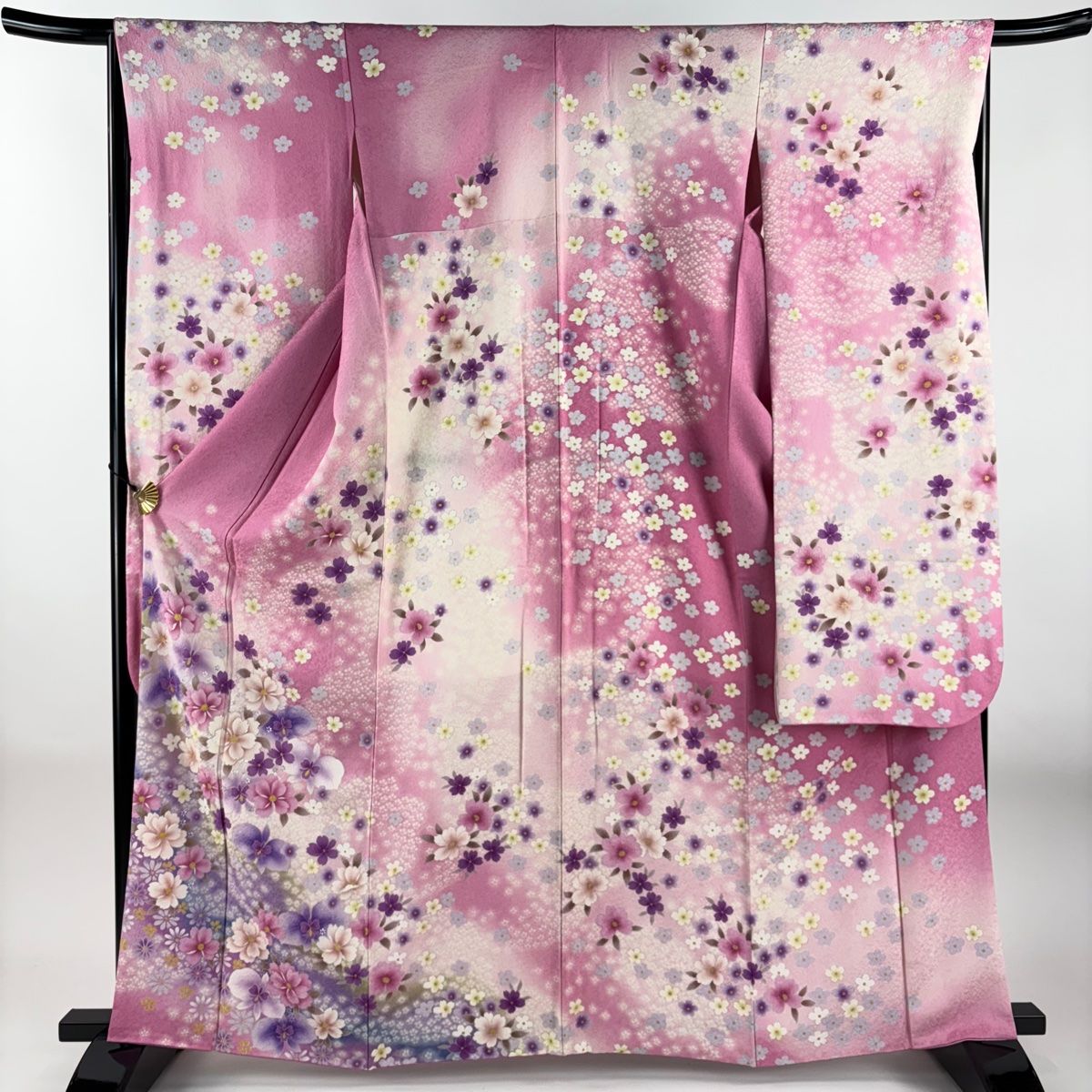 振袖 身丈163cm 裄丈66cm M 袷 草花 銀通し 箔 ピンク 正絹