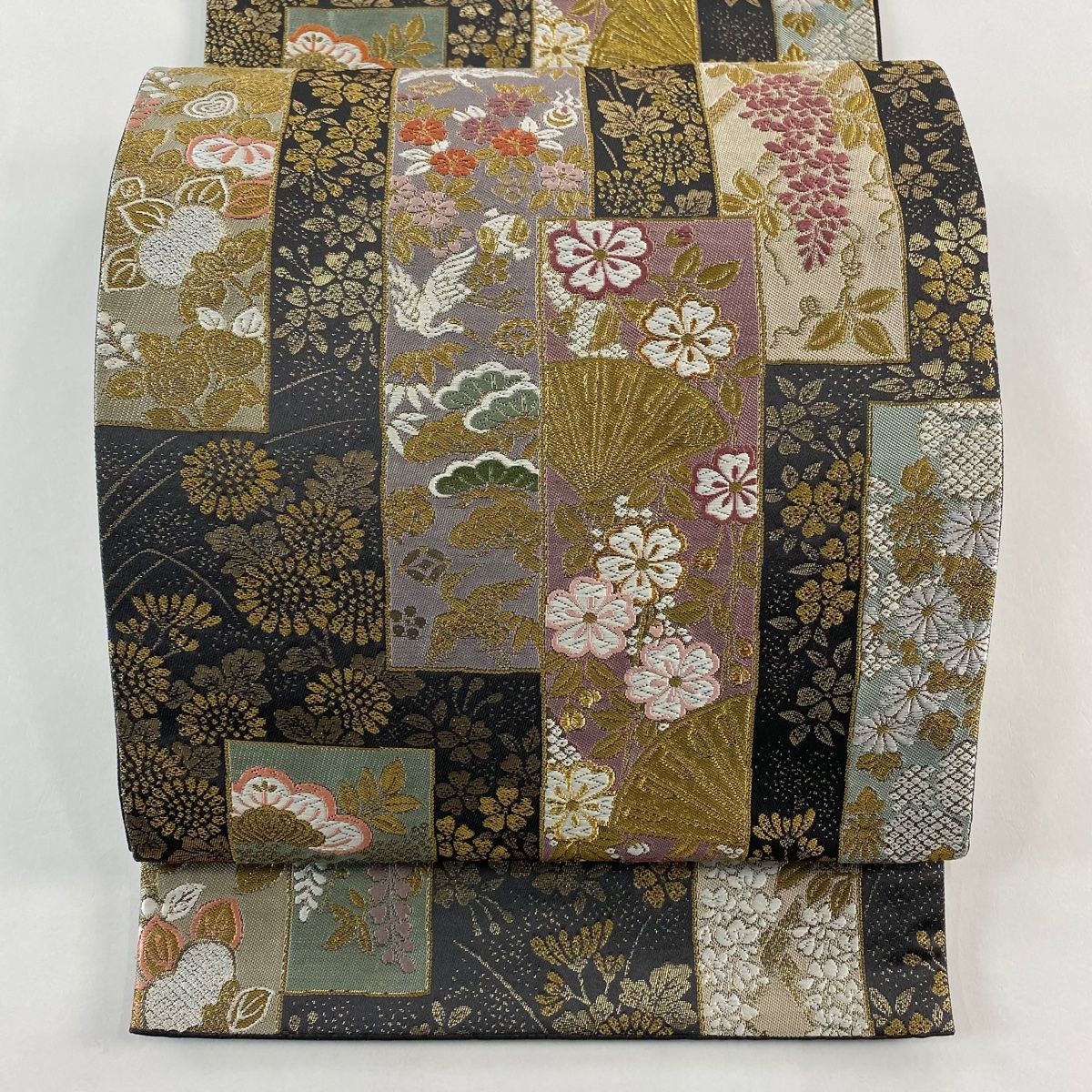 袋帯 秀品 短冊 花鳥 箔 刺繍 墨色 六通 正絹