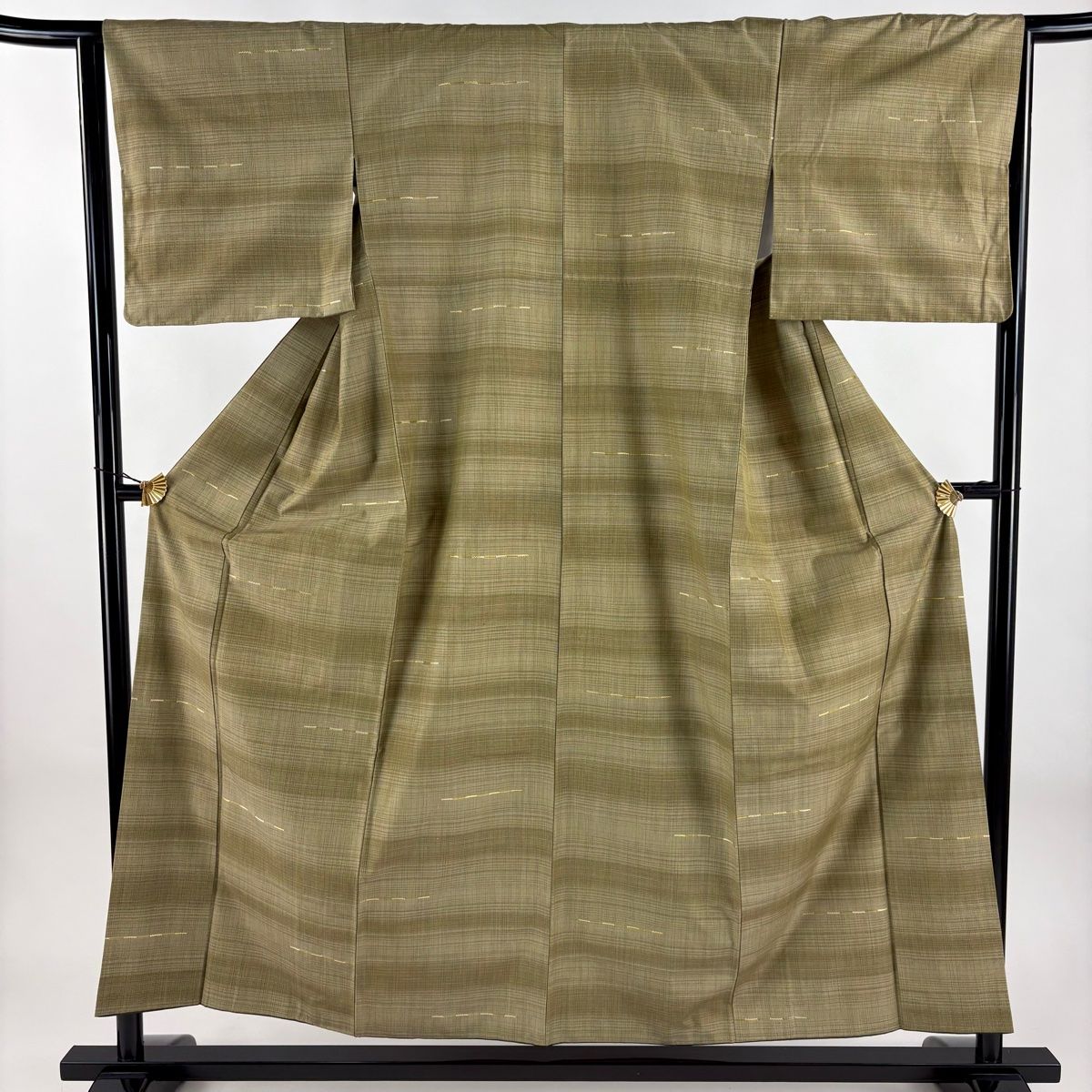 紬 身丈156cm 裄丈64cm M 袷 縞 茶緑色 正絹