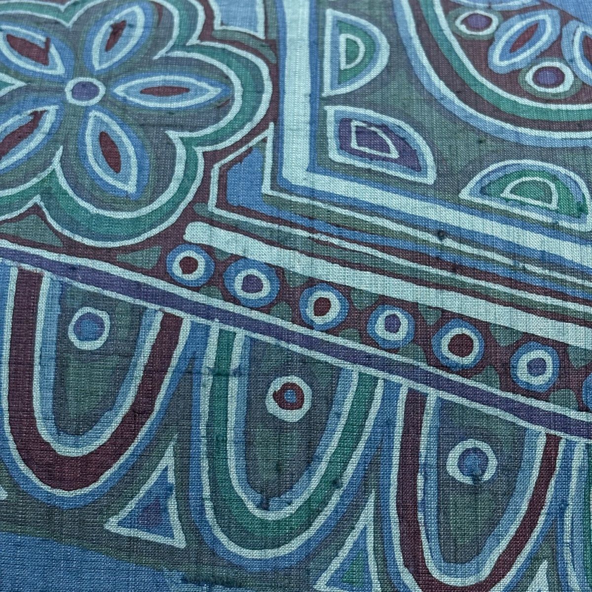 袋帯 秀品 落款 紬地 九代目又司 花 幾何学 藍色 お太鼓柄 正絹