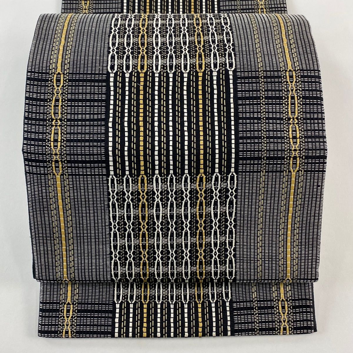 袋帯 秀品 ますいわ屋 縞 幾何学 黒 全通 正絹