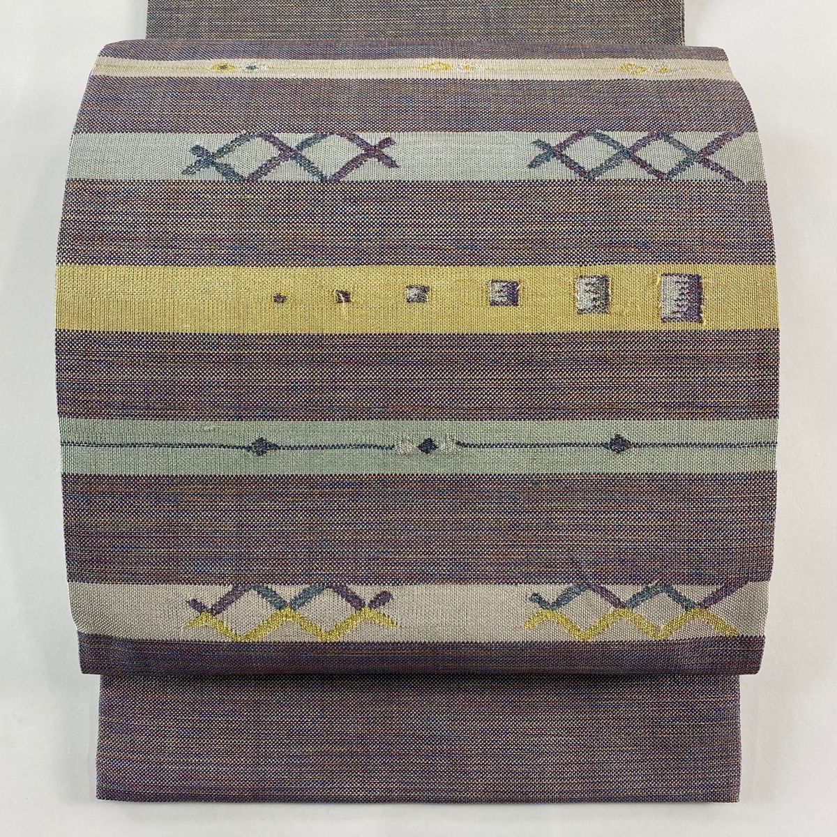 袋帯 秀品 よろけ縞 金銀糸 灰紫 お太鼓柄 正絹