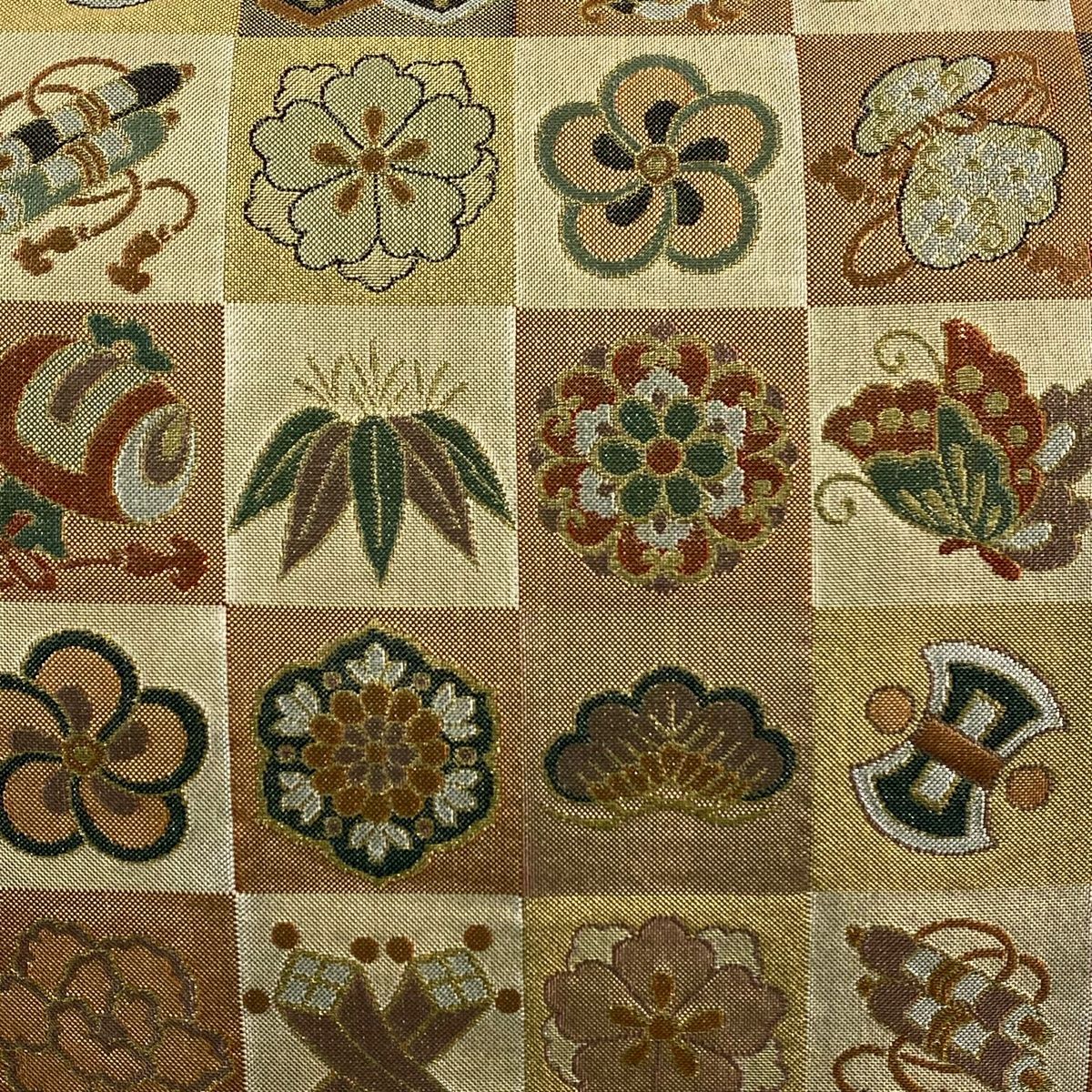 袋帯 秀品 松竹梅 宝尽くし 箔 金糸 薄茶色 六通 正絹