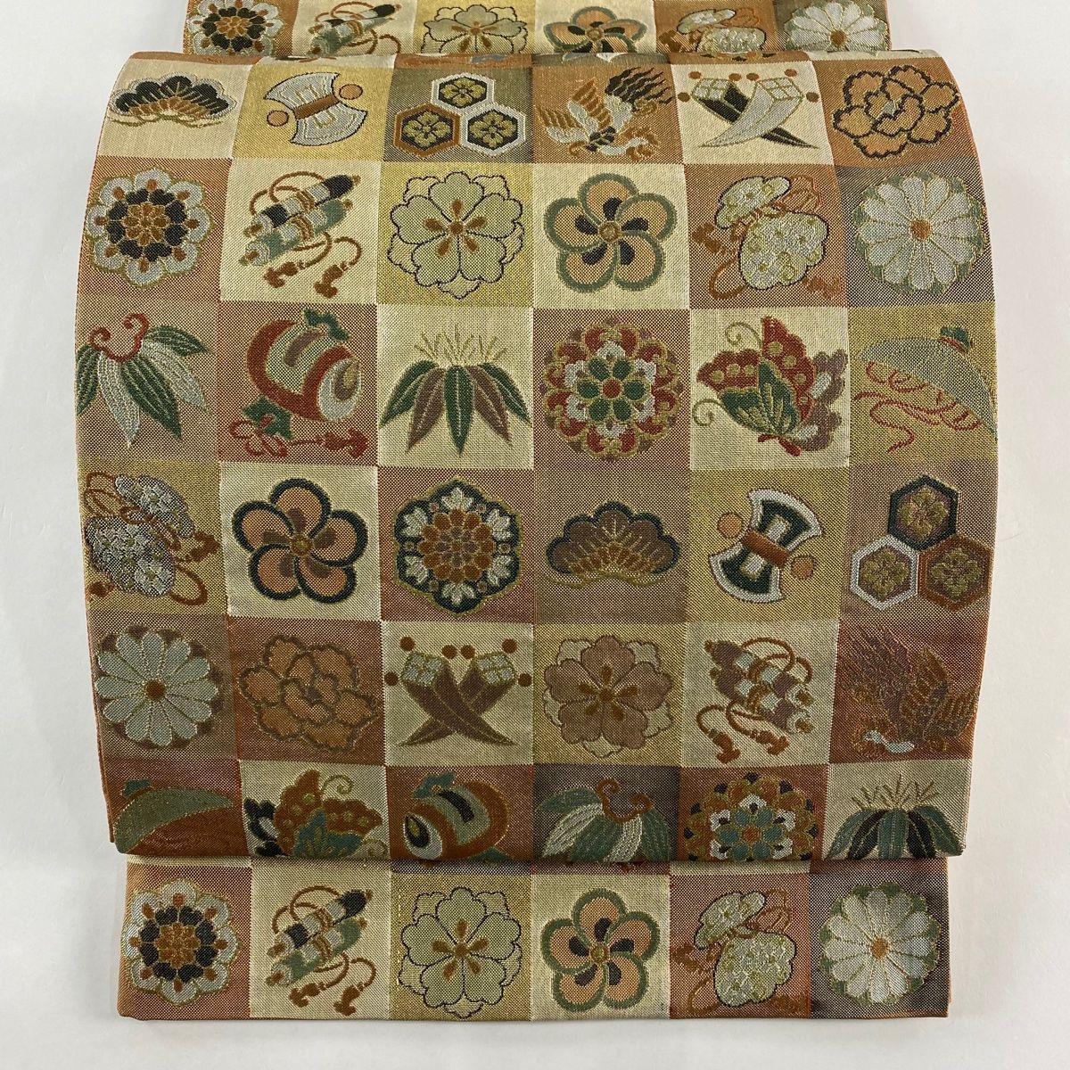 袋帯 秀品 松竹梅 宝尽くし 箔 金糸 薄茶色 六通 正絹