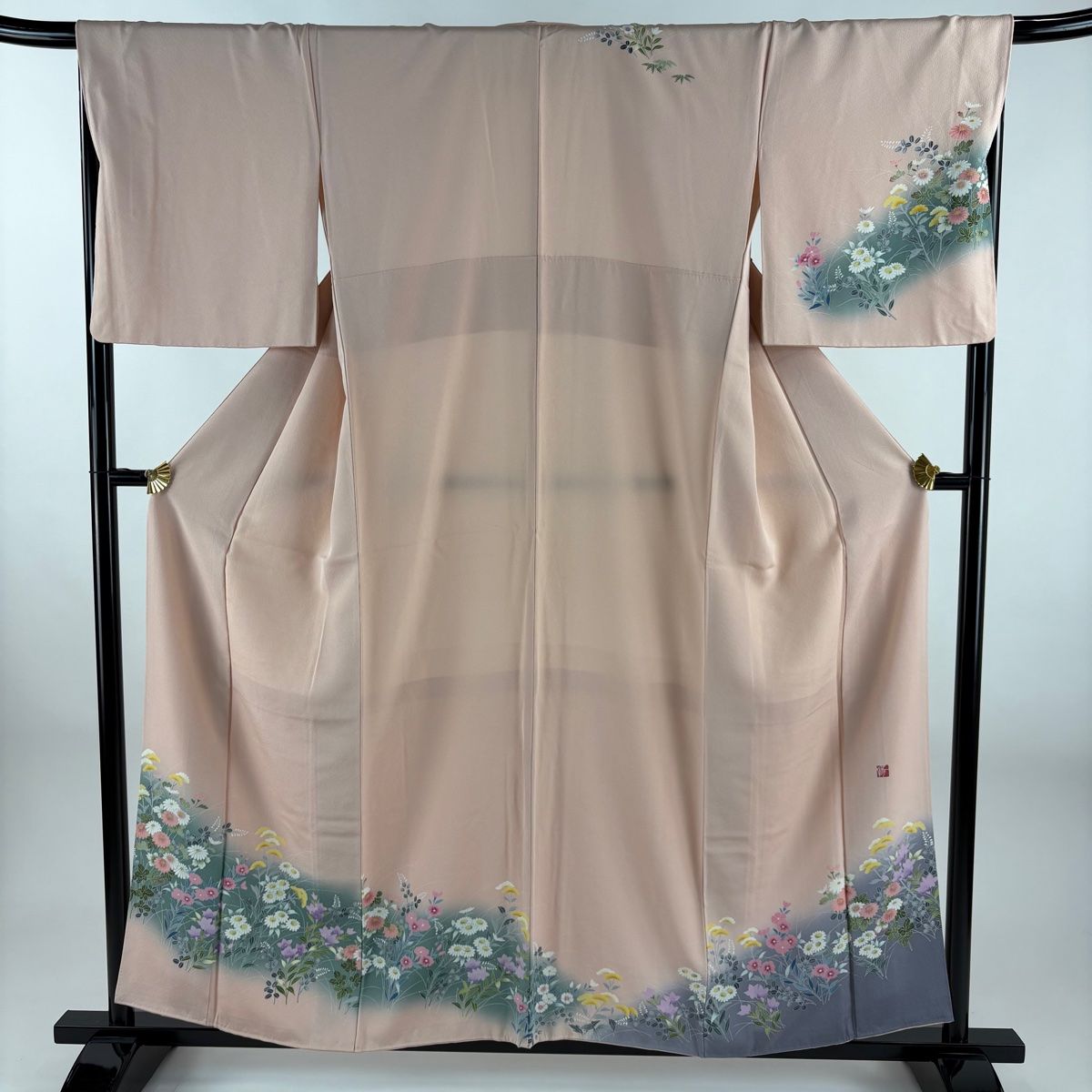 訪問着 身丈157cm 裄丈67.5cm L 袷 落款 秋草 菊 染め分け ぼかし 薄ピンク 正絹