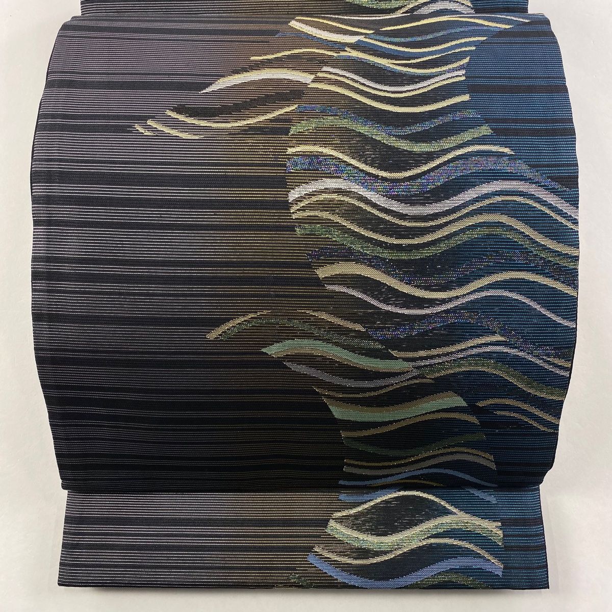 袋帯 秀品 夏帯 よろけ縞 箔 青緑 六通 正絹