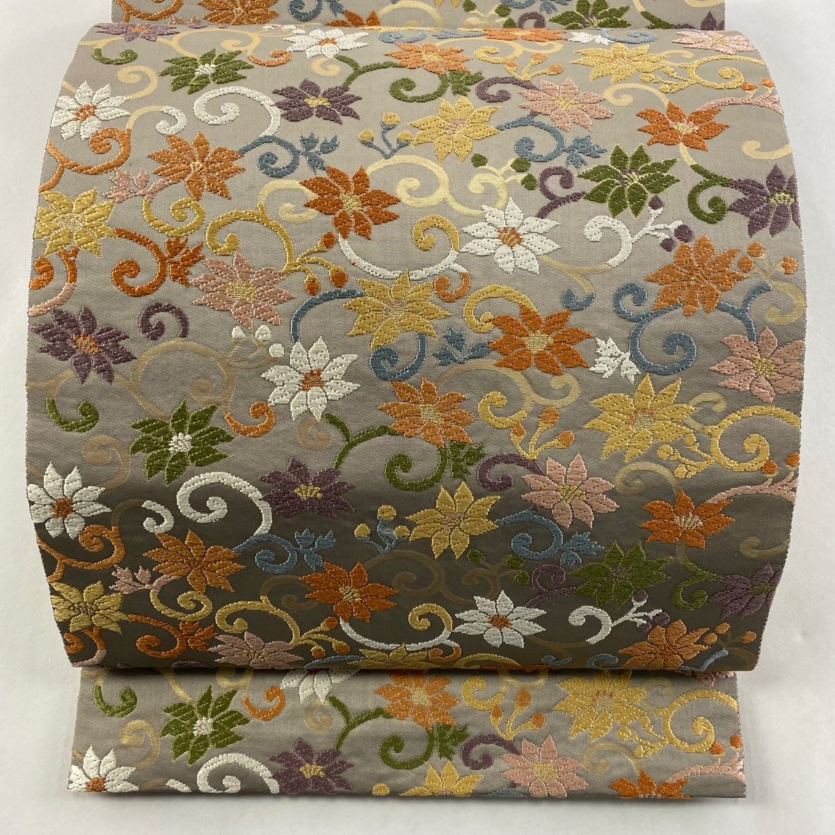 袋帯 秀品 服部織物 落款 花唐草 唐織 箔 灰色 六通 正絹