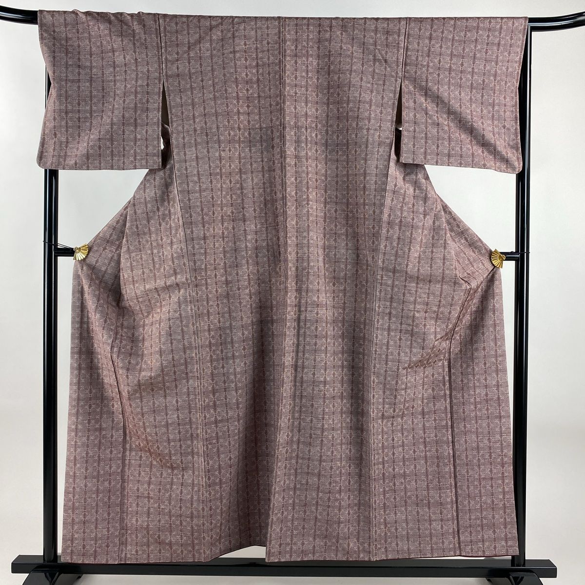 紬 身丈157.5cm 裄丈66.5cm M 袷 縞 幾何学模様 灰紫 正絹