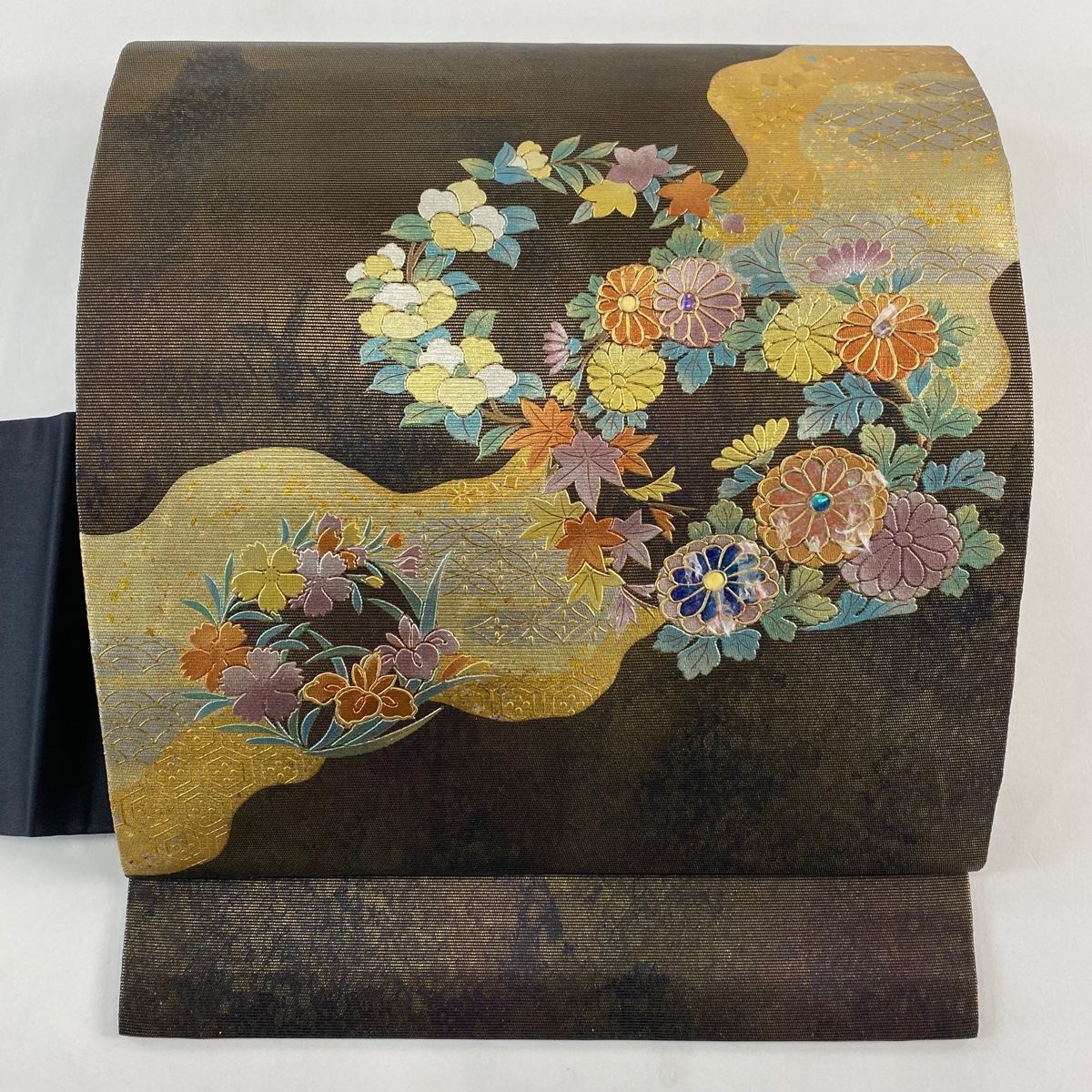 名古屋帯 秀品 花丸文 霞 螺鈿 金銀彩 黒 正絹