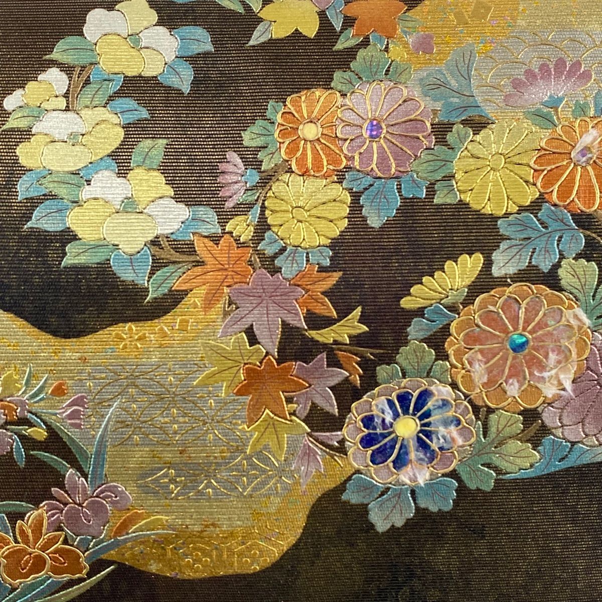 名古屋帯 秀品 花丸文 霞 螺鈿 金銀彩 黒 正絹