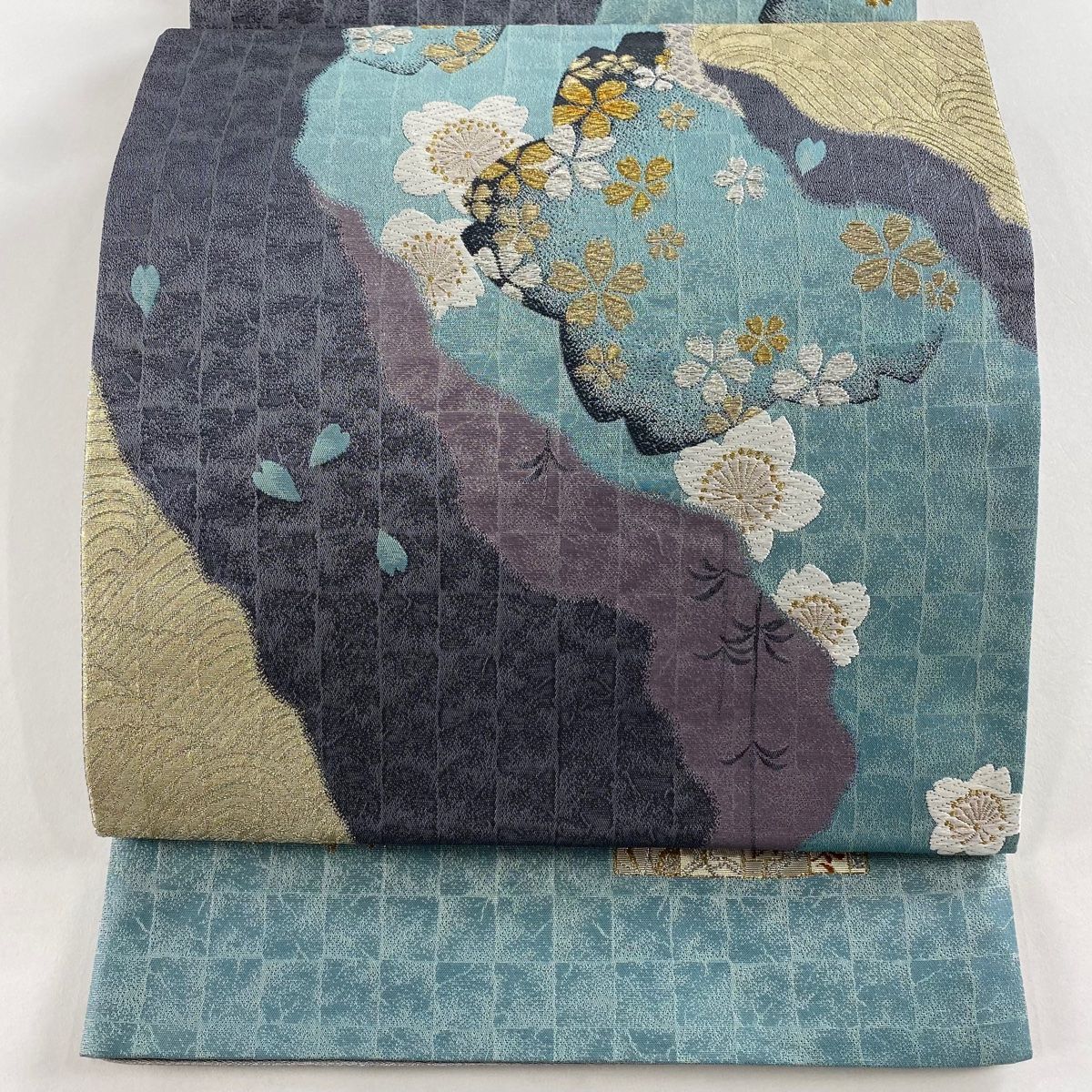 【美品】 袋帯 名品 証紙 桜 波 金銀糸 箔 薄青緑 六通 正絹 【】