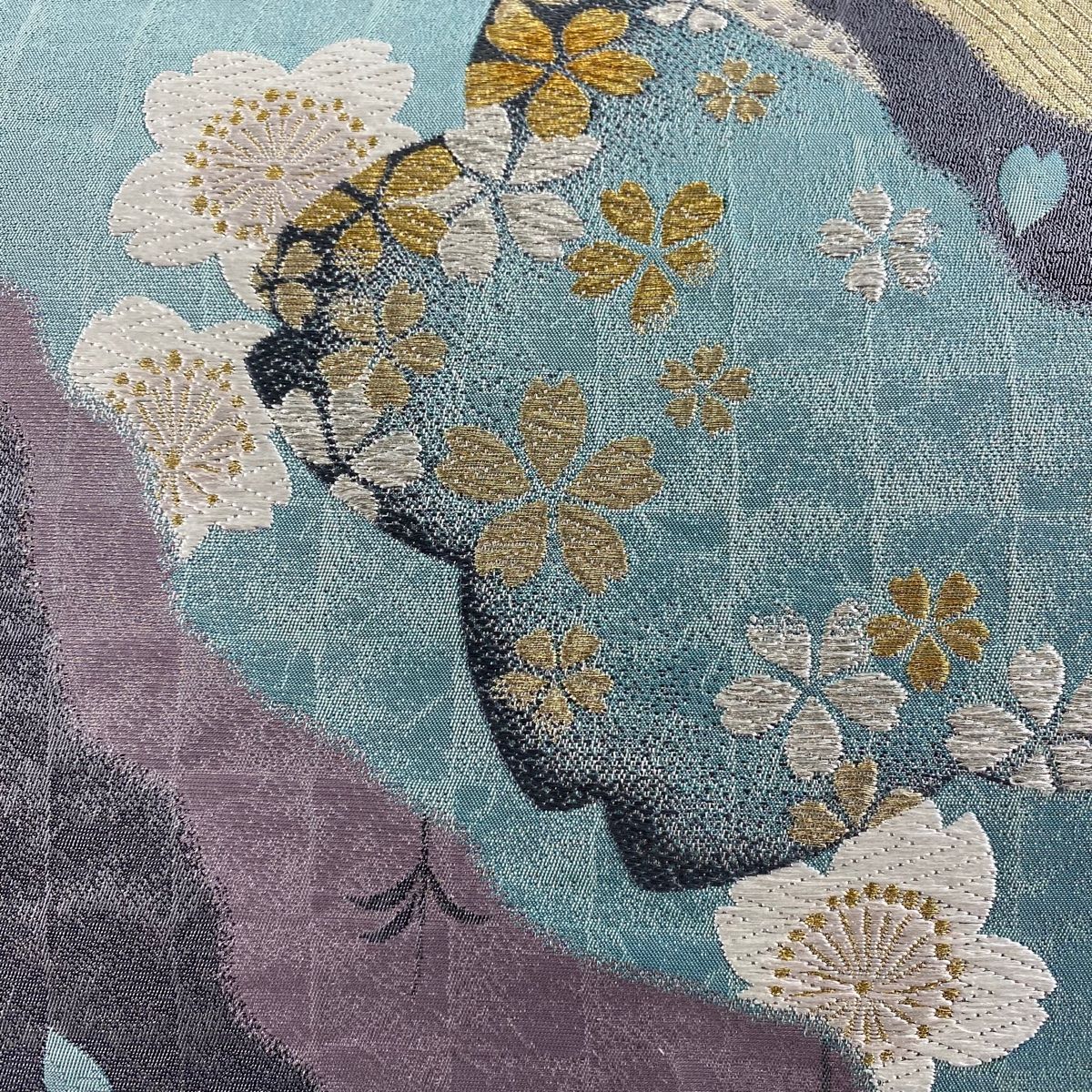 袋帯 証紙 桜 波 金銀糸 箔 薄青緑 六通 正絹