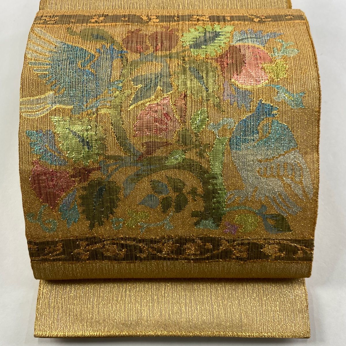 袋帯 秀品 関西仕立て 草花 鳥 箔 金色 お太鼓柄 正絹