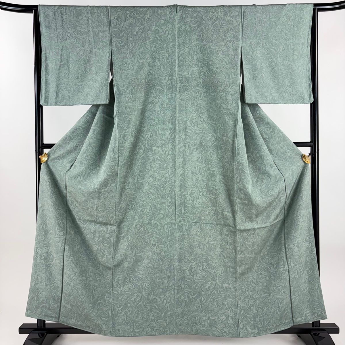 小紋 身丈161cm 裄丈65cm M 袷 墨流し 薄緑 正絹