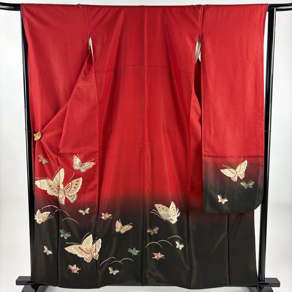 振袖 身丈158 5 cm 裄丈65 M 袷 蝶 芝 金通し 刺繍 赤 正絹