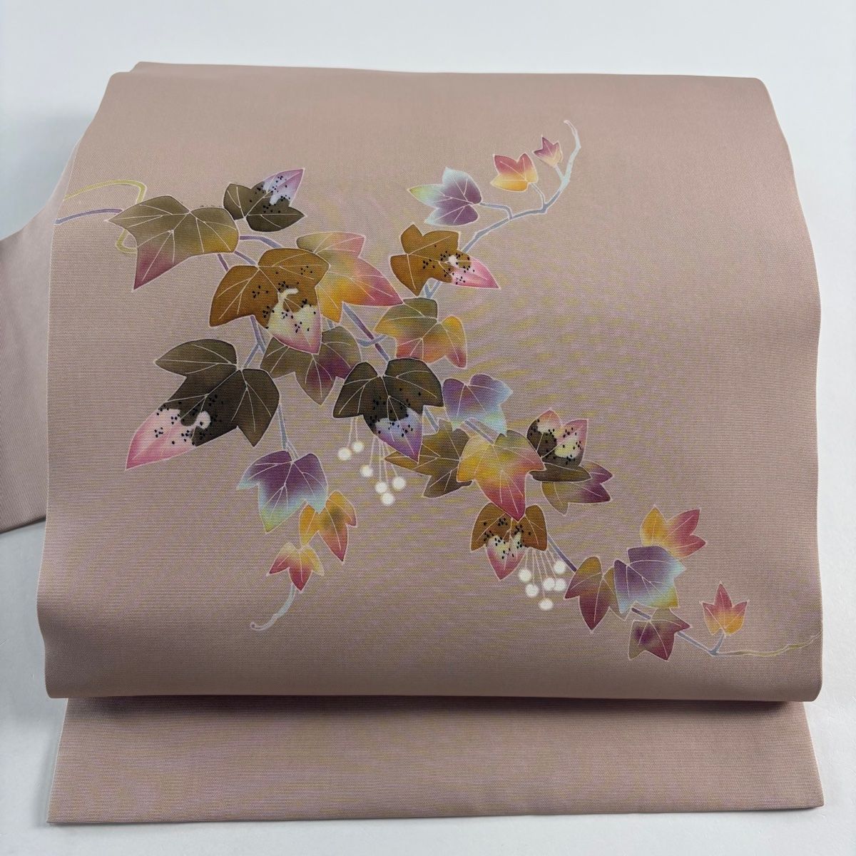 名古屋帯 秀品 落款 葉と実 薄小豆 正絹