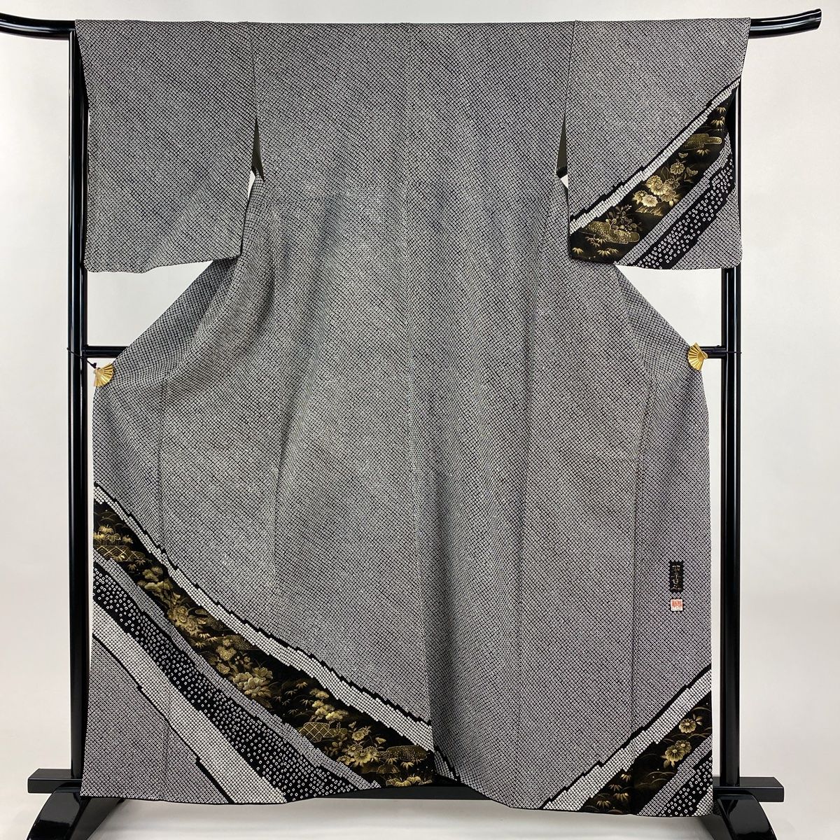 訪問着 身丈160cm 裄丈65cm M 袷 落款 松竹梅 霞 絞り 金彩 黒 正絹