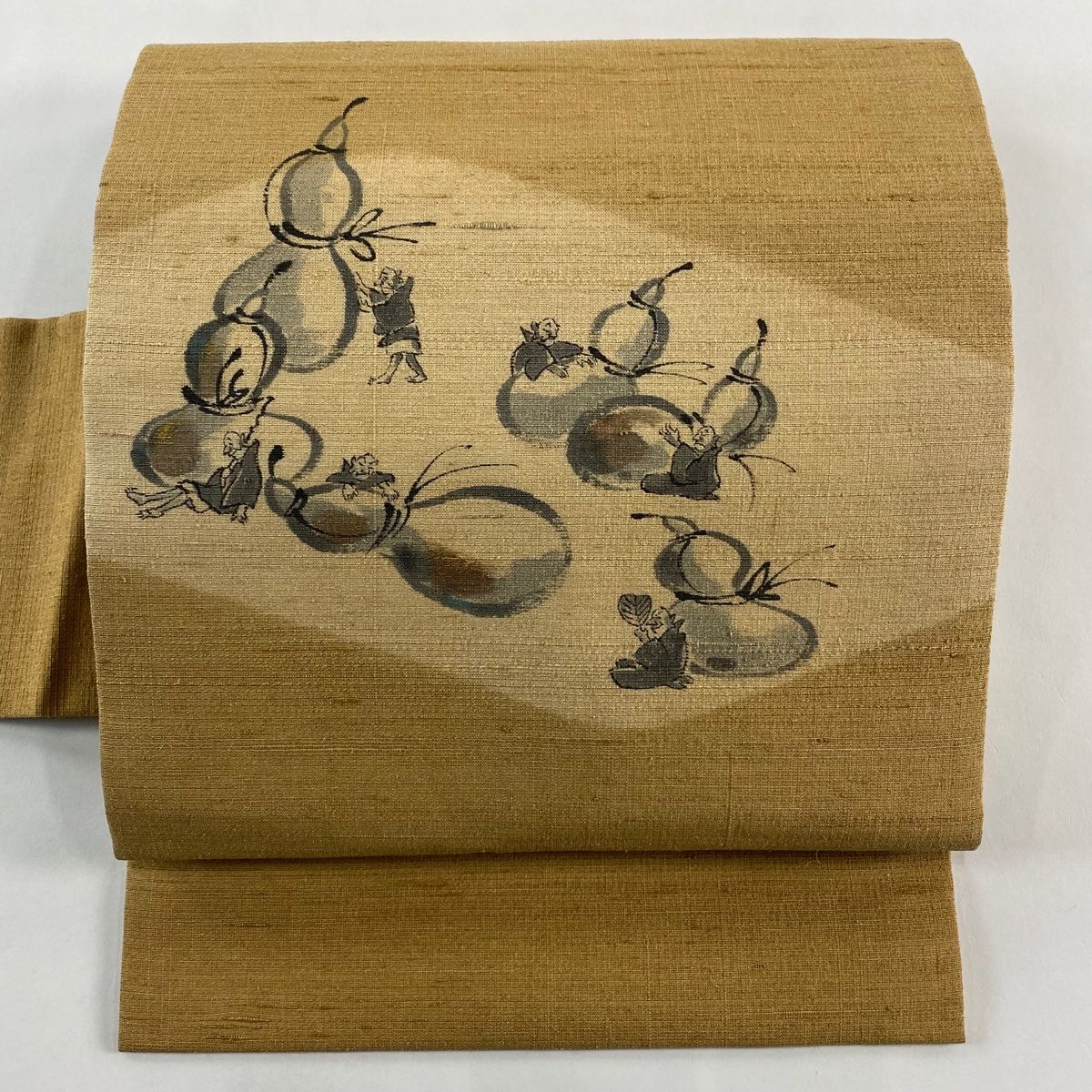 名古屋帯 秀品 紬地 瓢箪 人物 山吹茶色 正絹