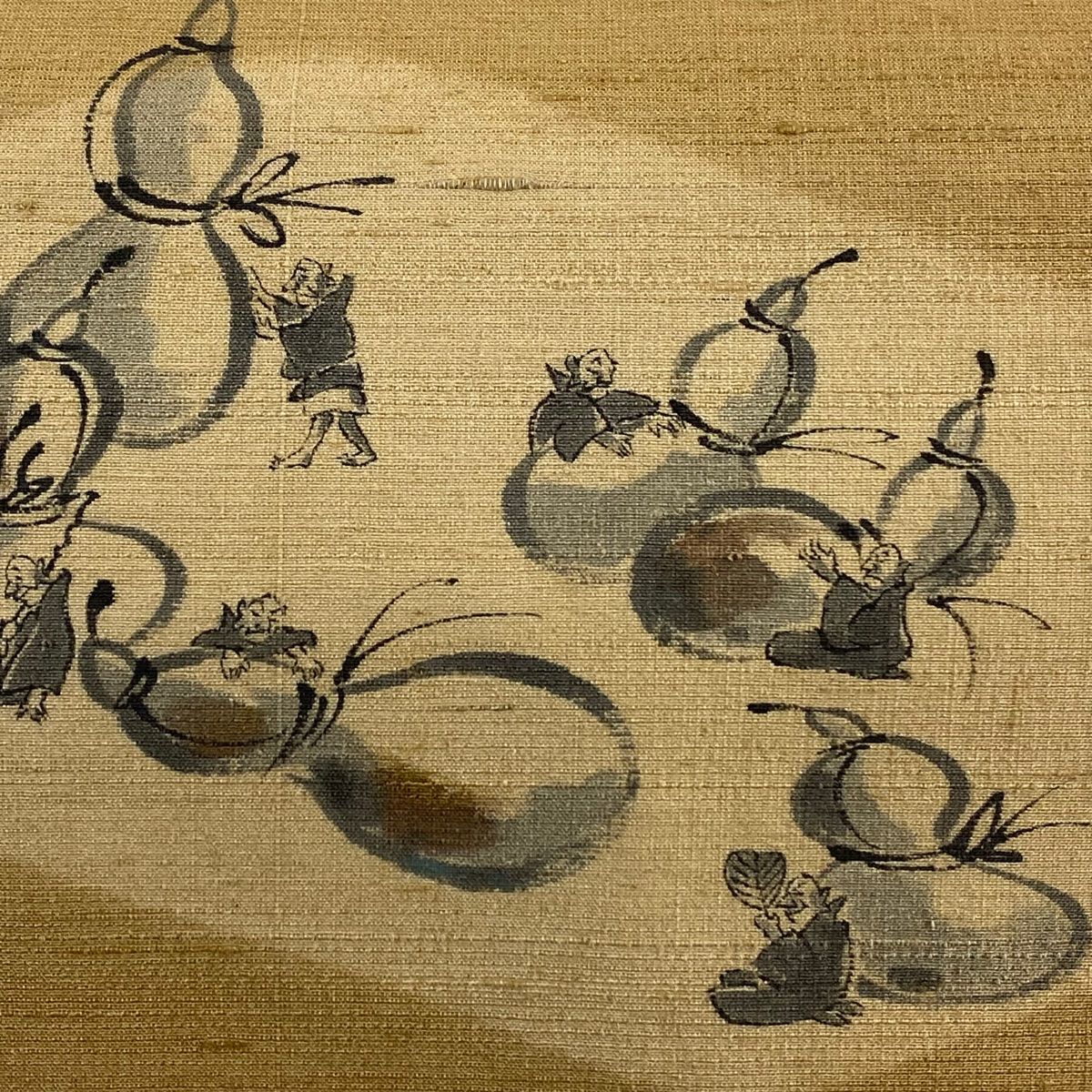 名古屋帯 秀品 紬地 瓢箪 人物 山吹茶色 正絹