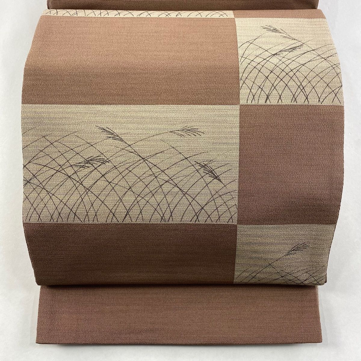 袋帯 秀品 すすき 茶色 お太鼓柄 正絹