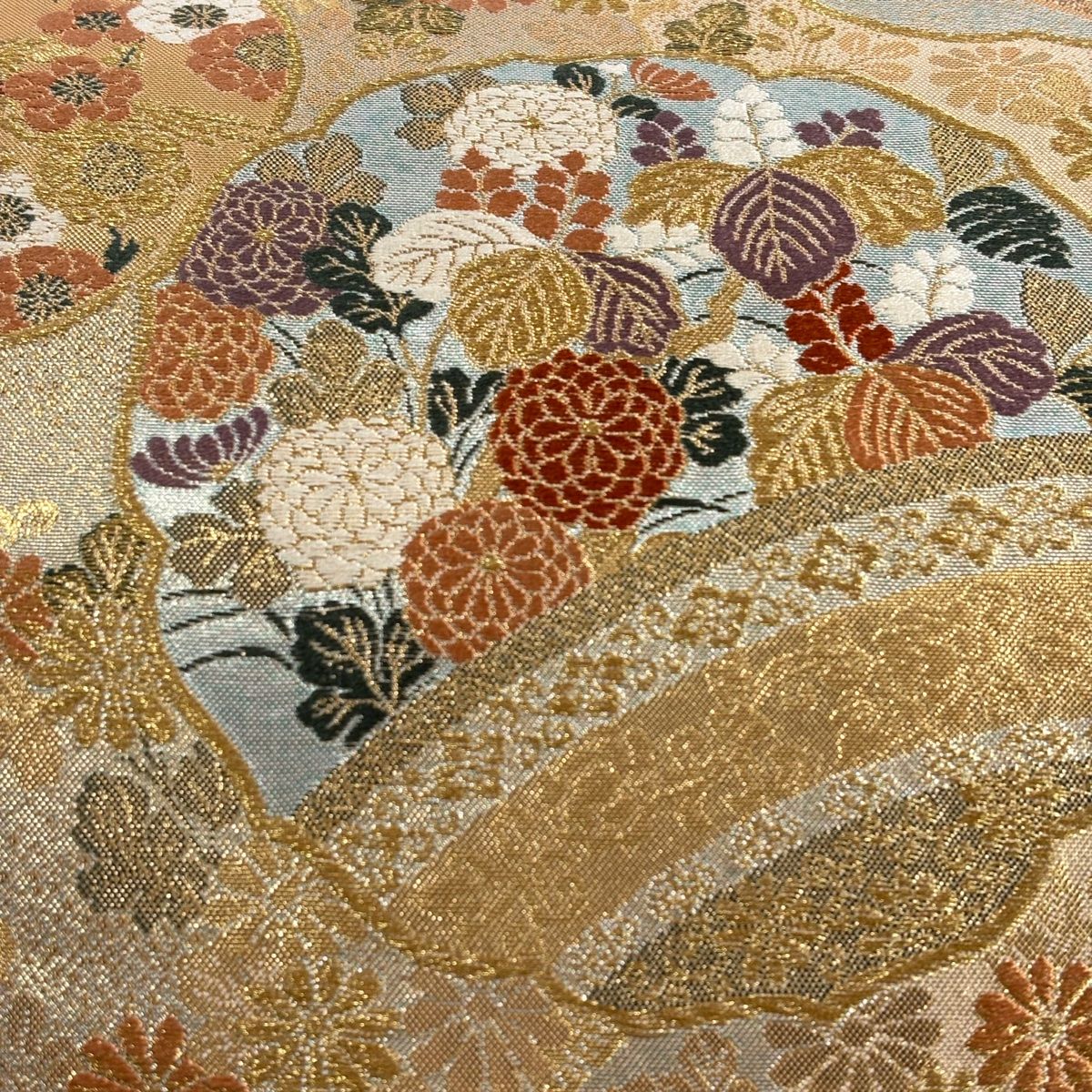 袋帯 秀品 花鳥 七宝 金糸 箔 金色 六通 正絹
