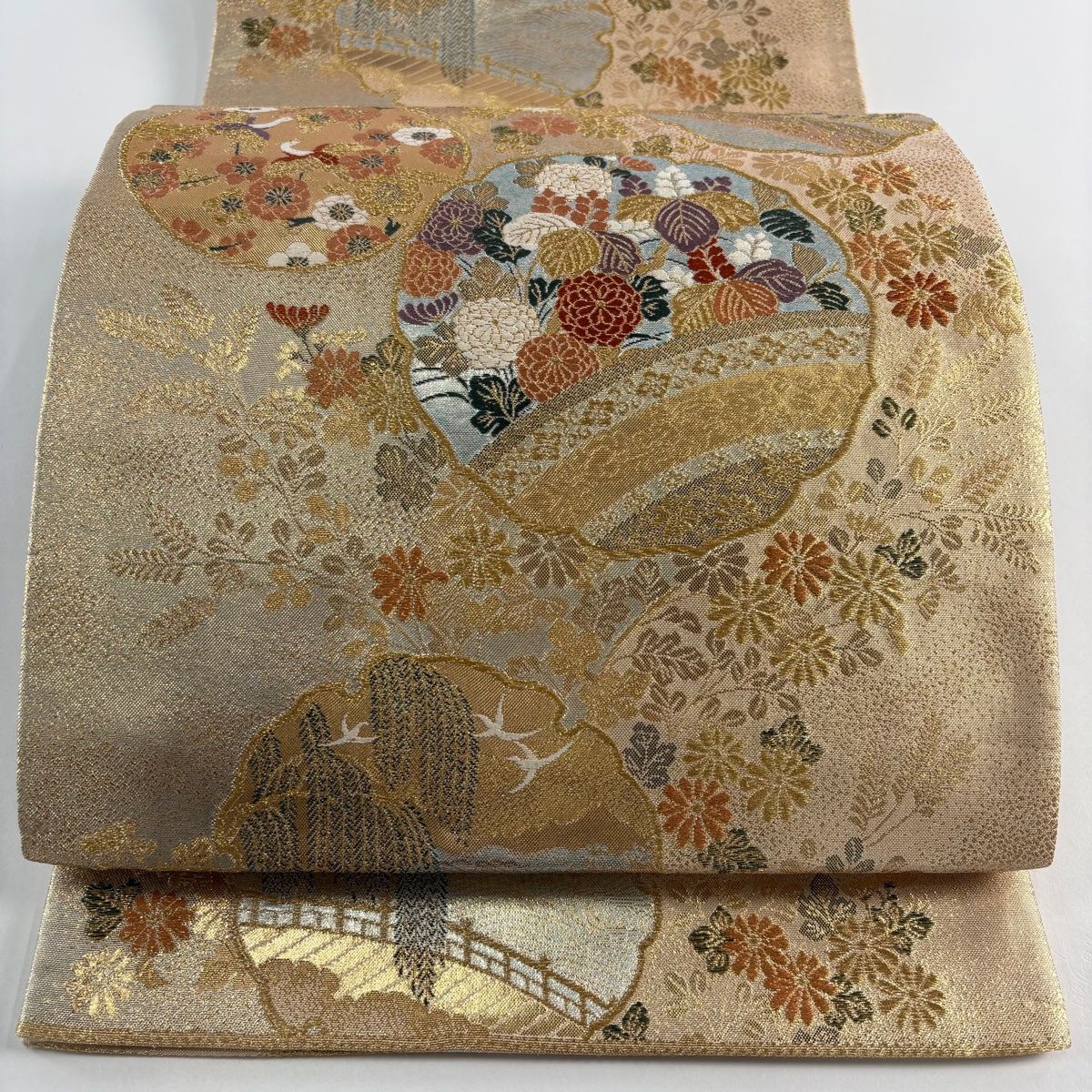 袋帯 秀品 花鳥 七宝 金糸 箔 金色 六通 正絹