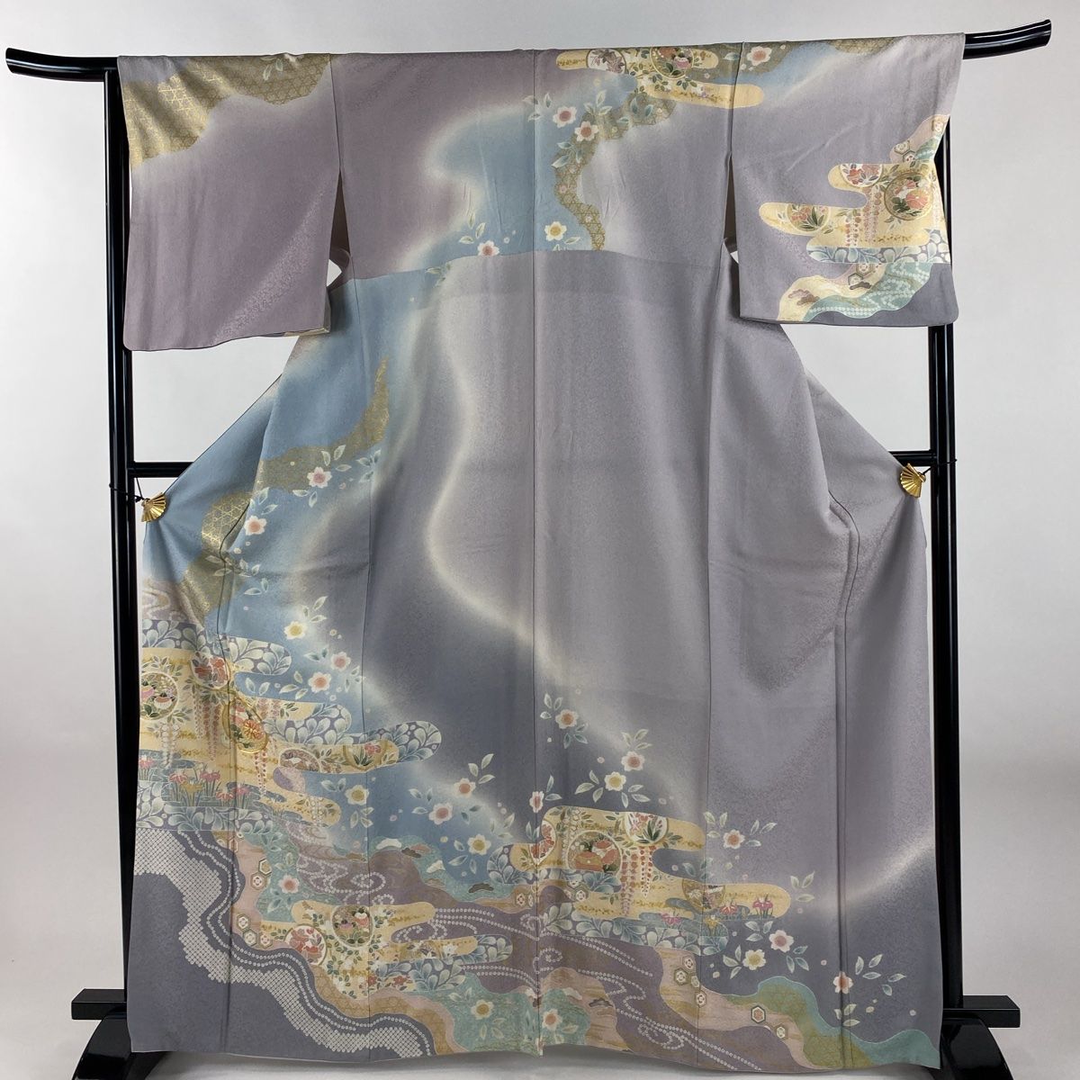 訪問着 身丈167cm 裄丈67cm M 袷 丸文 草花 金糸 金彩 灰紫 正絹